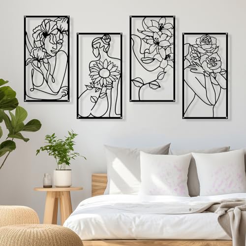 Zzbakress 4 Pcs Metal Minimalist Abstract Woman and Flower Wall Art Single Line Drawing Art Decor Minimalist Home Hanging Wall Decor for Bedroom Bathroom Living Room (style1, Black) - Image 7