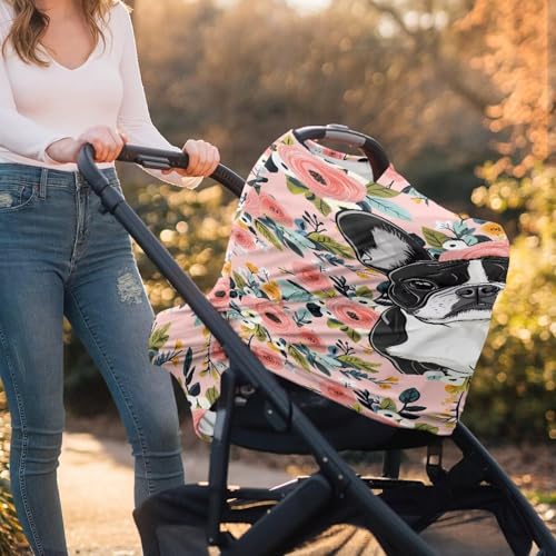 Image of Forchrinse Boston Terrier Floral Print Baby Car Seat Cover Stretchy Breastfeeding Nursing Cover Soft Multi Use Cover for Shopping Cart /High Chair /Stroller