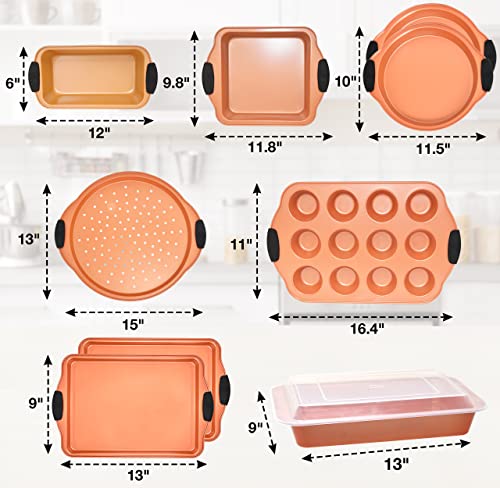 Baking Pan 10 Piece Set Nonstick Copper Steel Oven Bakeware Kitchen Set With Silicone Grips, Cookie Sheets, Round Cake Pans, 9X13 Pan With Lid, Loaf Pan, Deep Pan, Pizza Crisper, Muffin Pan By Perlli #TOP2