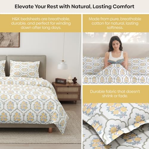 Image of Haus & Kinder Bed Sheet Double Bed | 100% Combed Cotton 186 TC Queen Size Bedsheet | 100 X 90 Inches Double Bed Bedsheet with 2 Pillow Covers | Soft, Chic, Cozy, - Celebration in Bloom