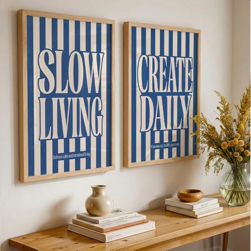 Image of Suneree Slow Living Create Daily Wall Art Set of 2 Framed Paintings | Blue Striped Typography Motivational Poster | Office Bedroom Home Decor (Art 6, 10x13 Inches)