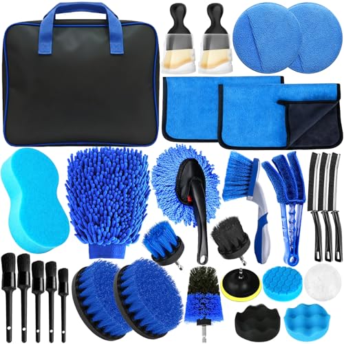 GMUFTIR Kit Nettoyage Voiture, 31 Pièces Kit de Brosse Nettoyage Voiture pour L'intérieur et L'extérieur, avec Brosse, Éponges de Polissage et Plus, pour Fentes de...