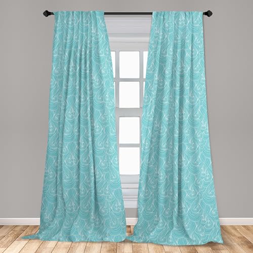 Ambesonne Turquoise Window Curtains, Abstract Ocean Waves Pattern Summer Inspired Vintage Grunge Illustration, Lightweight Decor 2-Panel Set with Rod Pocket, Pair of - 28" x 63", Blue White - Image 3