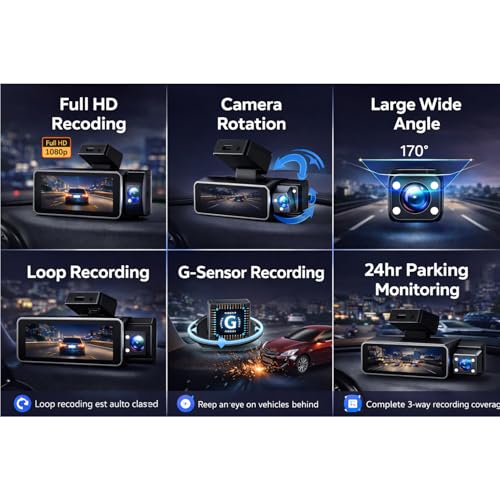 Image of Carhatke Triple Channel 1080P Dash Cam for Car | Front + Cabin + Rear Camera | Full HD Recording | Loop Recording | Night Vision | Wide Angle | G-Sensor | Easy Installation | 1 Year Warranty