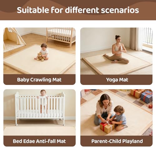 Image of Baby Play Mat for Floor, 1.3 Inch Thick Memory Foam Tummy Time Mat with Non Slip Backing, Soft Coral Velvet 59X79 Inch Playpen Mat Crawling Tatami for Infants Toddlers Kids, Beige