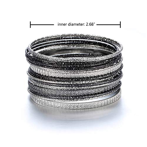 Ensoul 2.68" Inner Diameter Silver Lt Hematite Multiple Textured Metal Bracelets & Bangles Set For Women 18Pcs/Set #TOP1