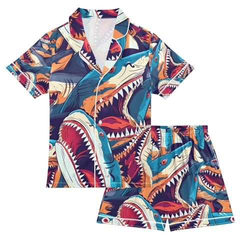 senya Angry Sharks Satin Summer Pajama Sets Silk Short Sleeve Button Down Sleepwear
