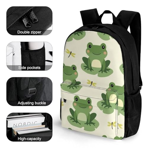 Unisex Cute Frog Animal Green Frogs Backpack, Elegant Large Capacity Backpack with Water Bottle Pocket, Adjustable Travel Shoulder Bag for Women Men3