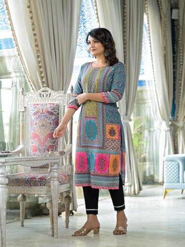 Image of Juniper Blue Floral Printed Liva Rayon Kurta with Beads & Sequins Work