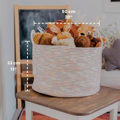 Image of OrganiHaus Round Toy Basket & Blanket Basket, Cotton Rope 20x13 inch | Stitches Rainbow - Round Cotton Rope Basket, 20x13 inch