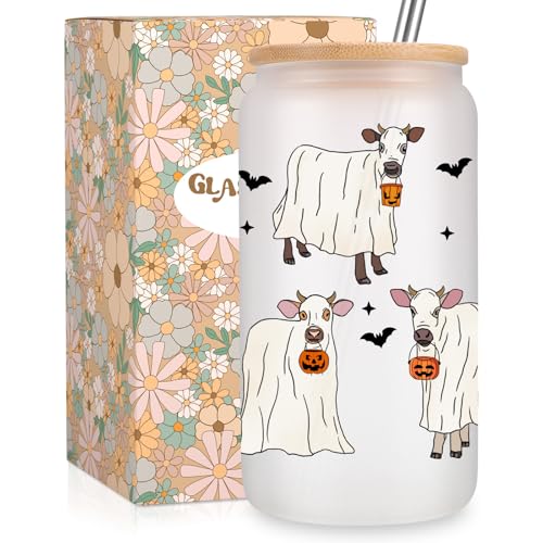 Fairy's Gift Ghost Cow Cute Cups, Halloween Glass Tumbler, 16 oz Spooky Cows Pumpkin Frosted Iced Coffee Cup w/Straw Lid, Boo Basket Stuffers for Boy Cowgirl, Halloween Gifts for Women Cattle Lovers
