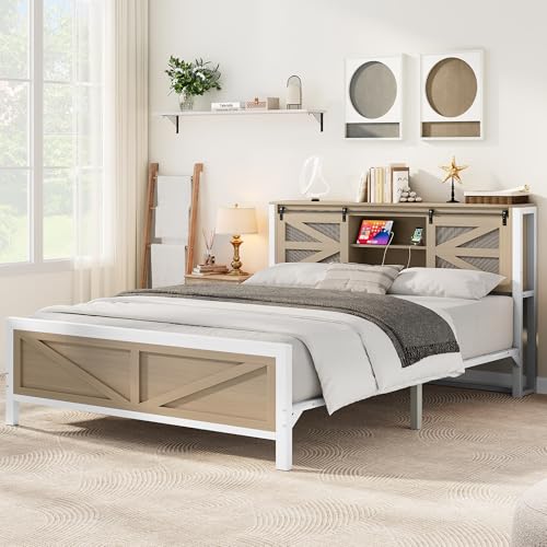 YITAHOME Farmhouse Queen Size Bed Frame with Headboard, Bookcase Storage Shelves, Sliding Grid Barn Door, Charging Station, Rustic Wood Platform Bed, No Box Spring Needed, Oak