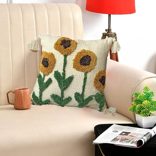Image of Tarantaran Tufted Decorative Throw Pillow Cover, Blue and White Geometric Pattern with Tassels, 40.6 x 40.6 cm, Modern Square Pack of 2 (Sunflower)