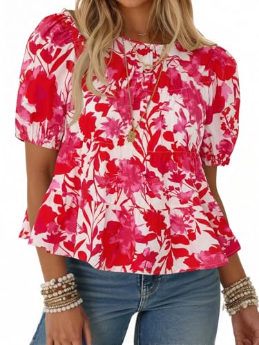 Image of Tankaneo Womens Puff Sleeve Peplum Babydoll Tops Summer Flowy Pleated Cotton T-Shirts Casual Loose Fit Cute Blouse