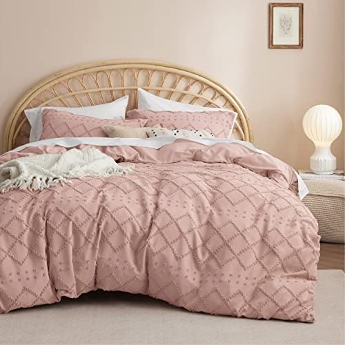 Bedsure Boho Duvet Cover Queen Size - Boho Bedding, Tufted Queen Duvet Cover for All Seasons, 3 Pieces Embroidery Shabby Chic Home Bedding,Comforter Not Included (Pink, 90" x 90")