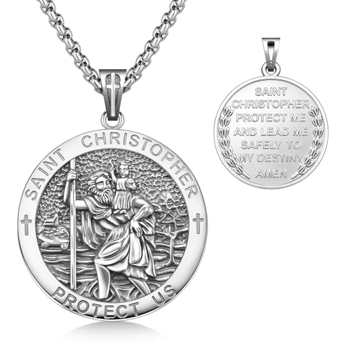 St Christopher Necklace 925 Sterling Silver Jewellery Saint Christopher Pendant Necklace Gifts for Women Men Anniversary Graduation Birthday Christmas Mothers Day Valentines Day Religion Faith