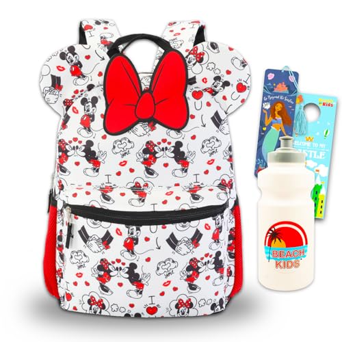 Minnie Mouse Backpack for Girls, Kids - Bundle with 16” Minnie Mouse Nylon Backpack with 3D Ears Plus Water Bottle, Bookmark, More | Deluxe Bag for School