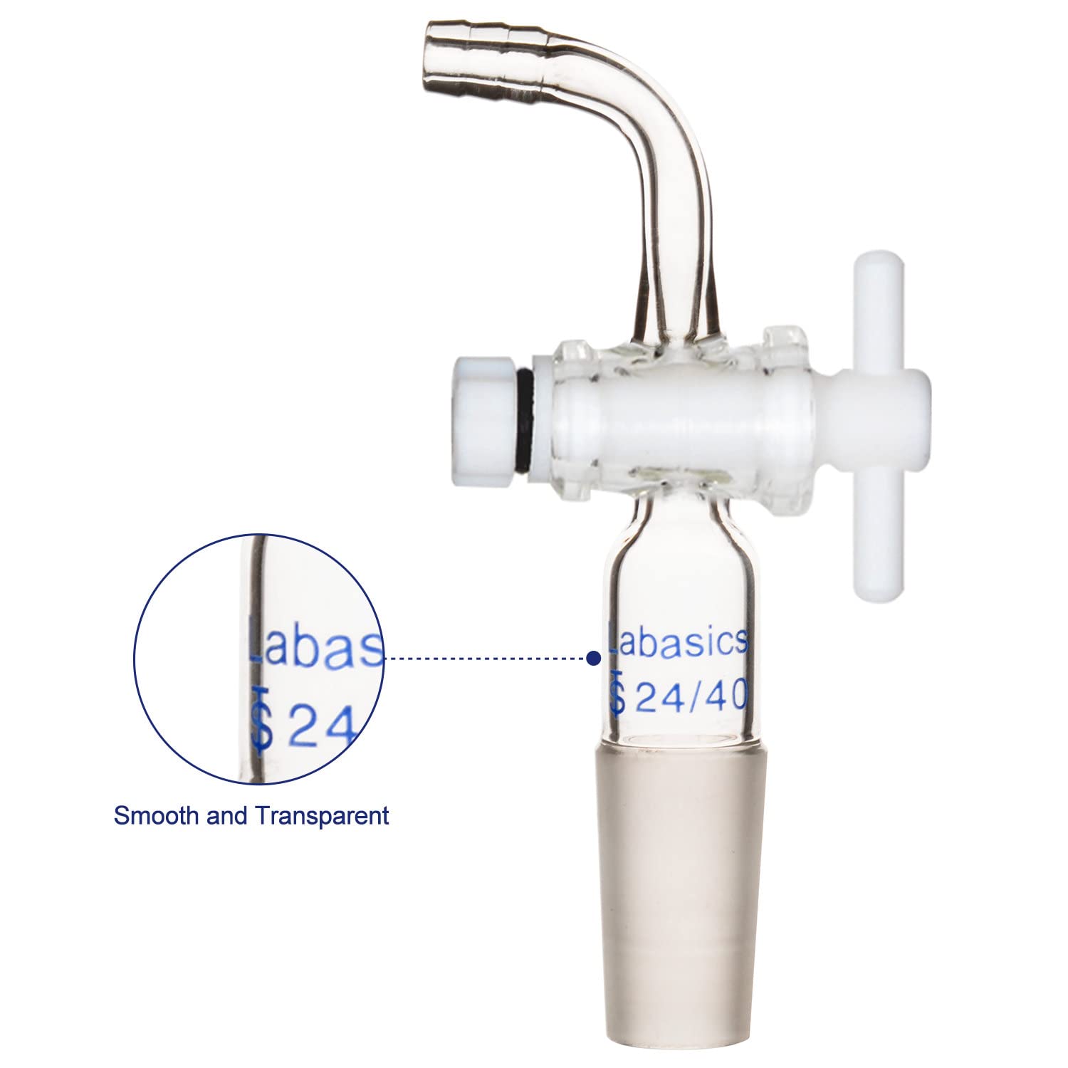 Labasics Adaptateur de Contrôle de Débit avec Robinet D'arrêt en PTFE, Joint 24/40 et Raccord de Tuyau Coudé pour Alimentation de Laboratoire