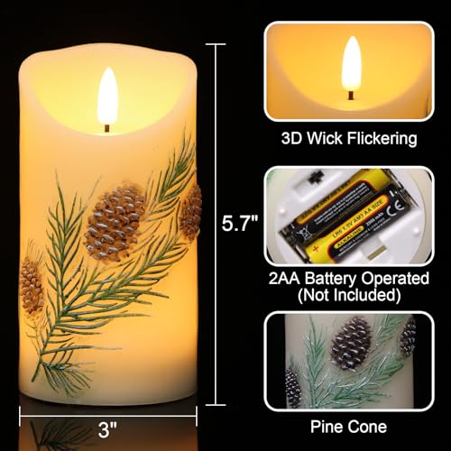 Image of Wondise Flameless Candles with Timer, Battery Operated Flickering 3D Wick Real Wax Pine Cone Candles for Christmas Holiday Indoor Decoration, Set of 2, Ivory(D3 x H5.7 Inch)