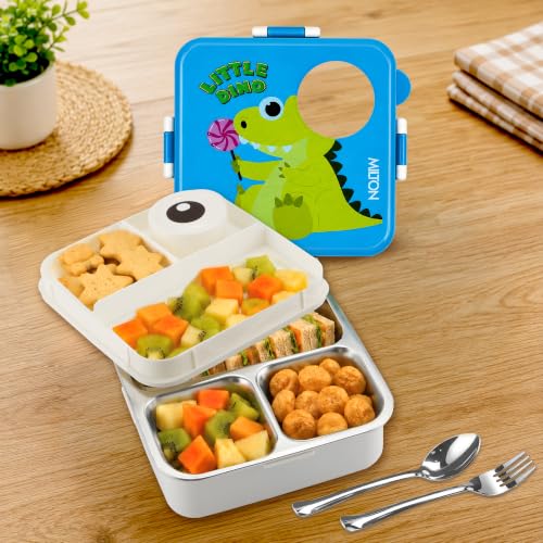 Image of MILTON Dino Pop Bento Stainless Steel Lunch Box, 3 Compartments, 4-Side Lock, with Tray, Spoon, Fork & Container for School, Office, Travel, BPA Free, 1120 ml + 70 ml, Blue