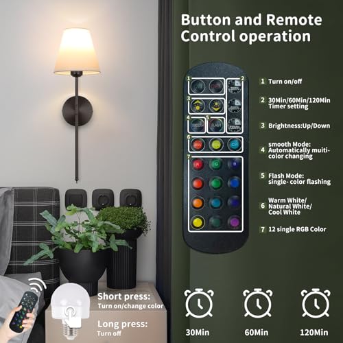 Image of Battery Operated Wall Sconce Set of 2,15 Colors Wireless Wall Light With Dimmable Remote Control Last 18-50 Hours,Black Rechargeable Wall Lamp With White Fabric Shade For Living Room Bedroom Hallway