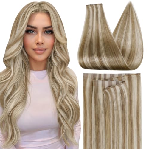 Image of Full Shine Wide Tape in Extensions Human Hair, 24 Inch 50g | Desert Blonde with Champagne Highlights, Silky Straight Hair Extensions with Remy Hair for Long Hairstyles and Smooth Styling