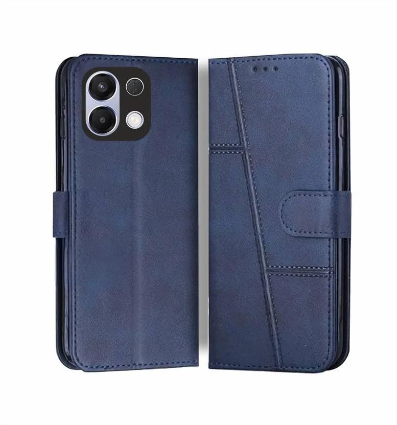 Image of Oppo K13 5G Flip Cover Leather Finish | Inside TPU with Card Pockets | Wallet Stand | Complete Protection Flip Case Blue