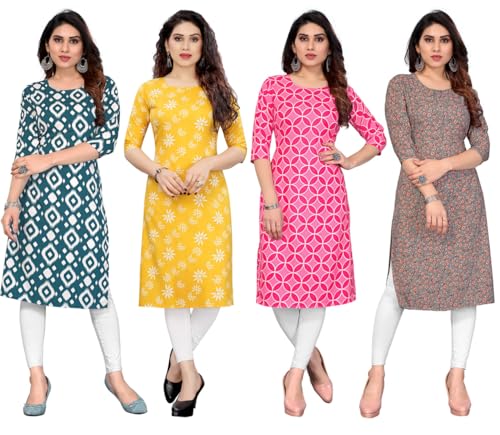 Image of JAKHANA Women's Crepe Printed Casual Straight Calf Length Round Nick Kurta Pack of 4