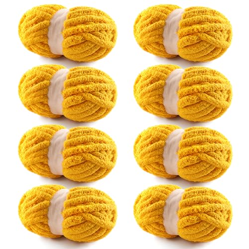 8 Pack Chunky Yarn for Hand Knitting - Chunky Chenille Blanket Yarn for Crocheting - Jumbo Fluffy Yarn for Crochet - Super Bulky Yarn 25 yds 7.7 oz Each Skein (Golden)