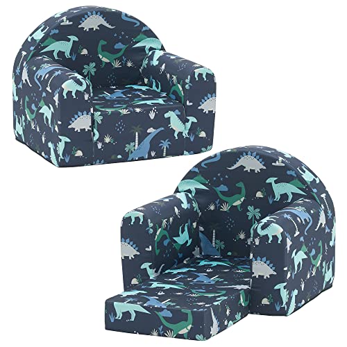 Image of Ulax furniture Kids Sofa Couch, 2-in-1 Flip Out Toddler Couch, Baby Lounge Chair (Navy Dinosaur)
