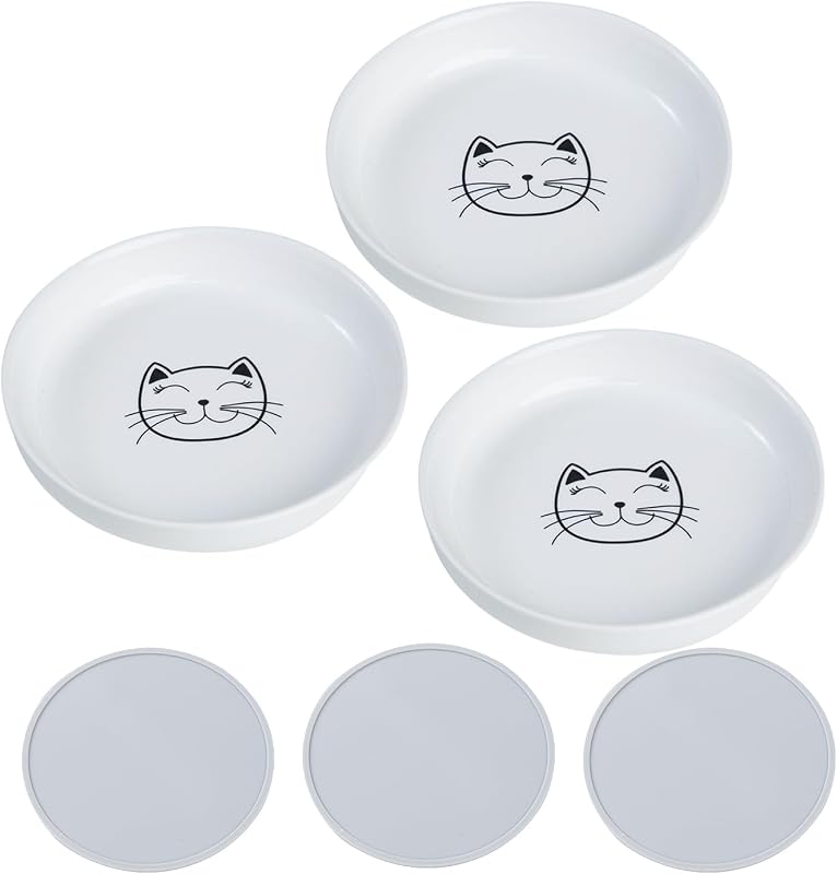 Potes Elevados Rasos e Largos para Gatos em Cerâmica Branca Lusifaco PZYG, Pacote com 3