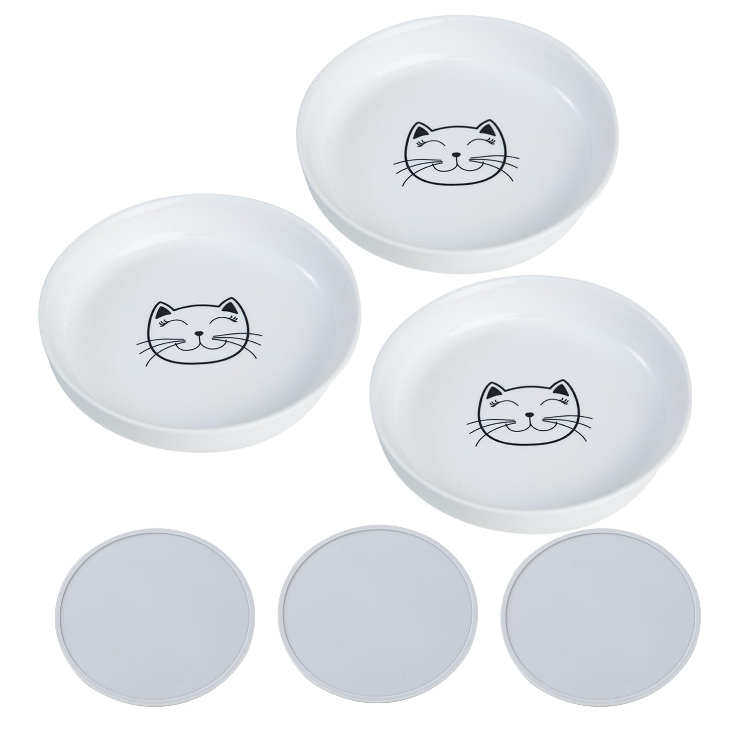 Lusifaco Shallow Cat Food Bowls, 15 cm Wide Ceramic Dish for Indoor Cat,Anti Whisker Fatigue Cat Dishes Set, Kitten Plates for Food and Water,Non-Slip Silicone Mat,3 Pack(White)