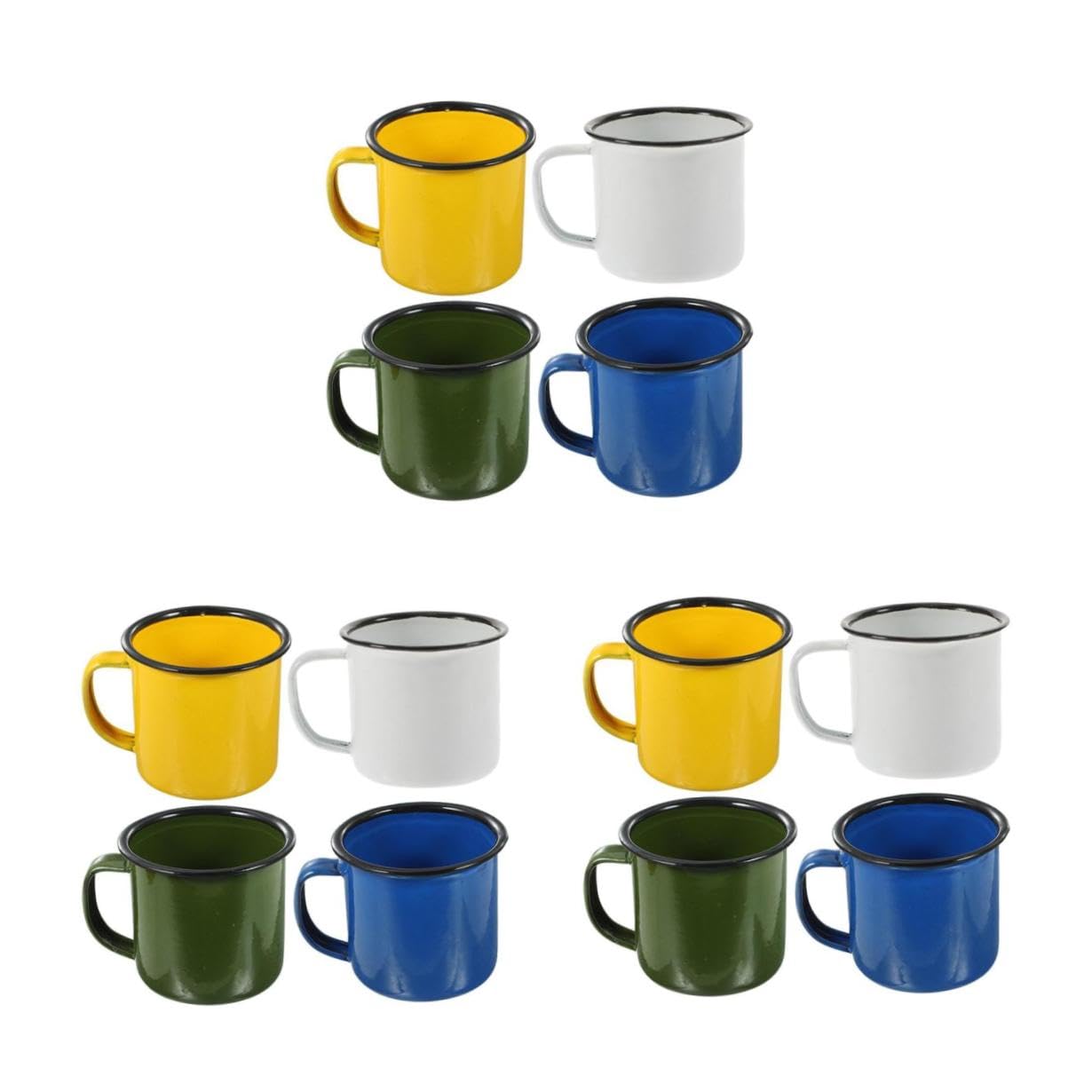 12 Stck. Teiliges Emaille Camping Tassen mit Henkel Robuste Vintage Kaffeebecher für Outdoor Picknick Wandern Vielseitige Trinkbecher aus Emaille in Weiß Gelb Blau Grün
