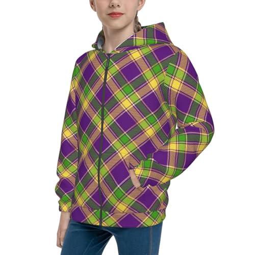 Mardi Gras Plaid Kid Hoodies Boys Zip Up Sweatshirts Girls Pullover with Pocket