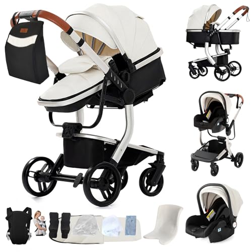MoLi Cuir PU Poussette 3 en 1, Poussette Bebe avec Mode Double Poussée Réversible, Pousette 3 en 1 avec Nacelle Grande, Poussettes Trio Cadre en Alliage...