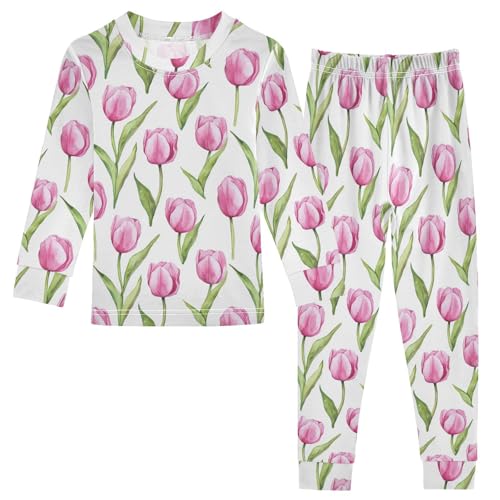 Fustylead Watercolor Pink Tulip Pajamas Cotton Sleepover PJ Set Long Sleeve Lounge Wear
