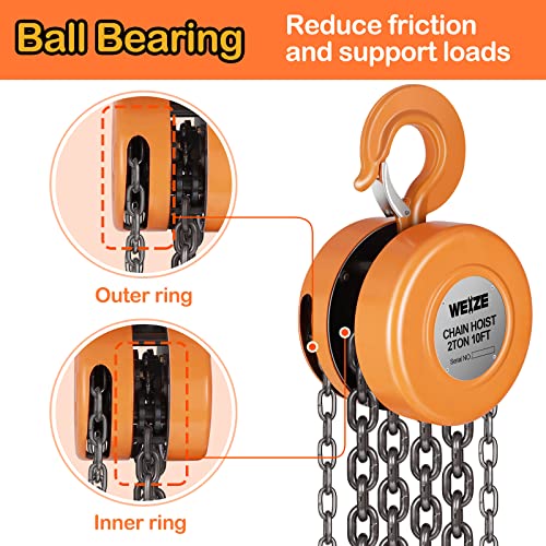Weize Hand Chain Hoist, 4400 Lbs 2 Ton Capacity 10 Feet With 2 Heavy Duty Hooks, Manual Hoist Steel Construction #TOP5