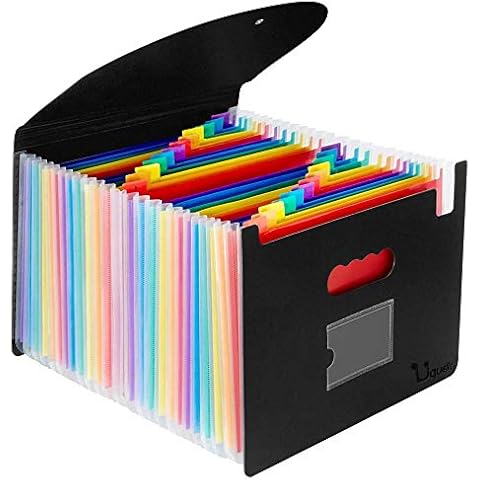 Uquelic Expanding File Folder-24 Pocket Plastic Rainbow File Organizer A4 Letter Size Document Holder Wallet Accordion Briefcase Business Filing Box with Lid and Business Card Holder Cover