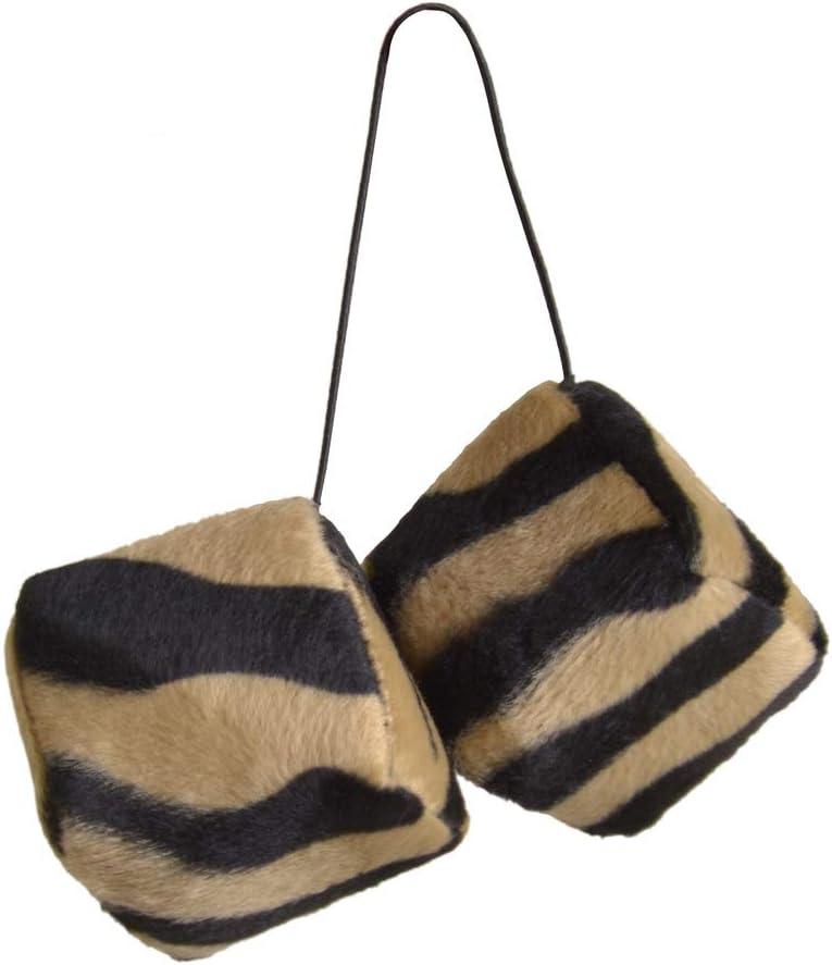 Hanging Car Dice - Novelty Fuzzy Vintage Animal Print (Beige Zebra)