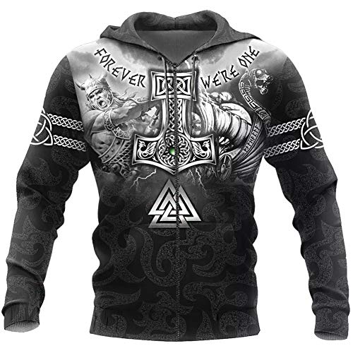 Men's Norse Mythology Sweatshirt Hoodie Odin Thor's Hammer Valknut 3D Print Full Zip Pullover,Viking Celtic Jacket