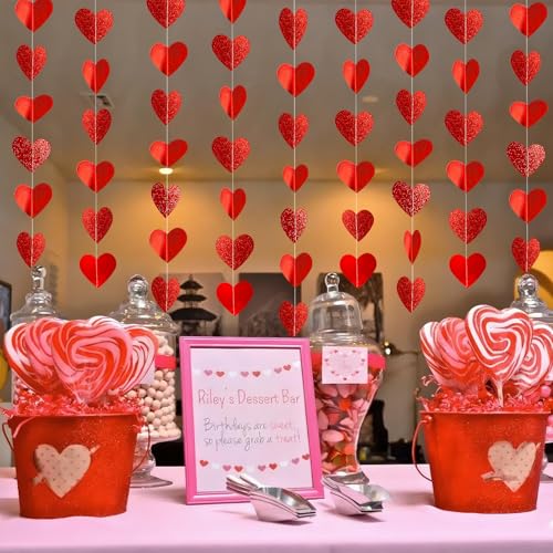 Image of Red Heart Garland Valentines Day Party Decoration Love Streamer -39Ft Glitter Bunting Banner for Wedding Engagement Anniversary Mother's Day Bridal Shower Party Supplies