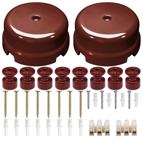 QuirkLz 2 cajas de derivación de porcelana, tapa caja de derivación de porcelana vintage de 4 salidas, con 8 aisladores de cerámica, marrón brillante, diámetro 78 mm