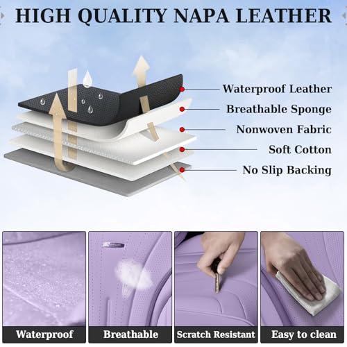 Image of Coverado Seat Covers Full Set, Waterproof Car Seat Covers, Leather Seat Cover for Cars, Front and Back Car Seat Protector, Universal Car Seat Cushions Automotive Accessories Fit for Most Cars, Purple