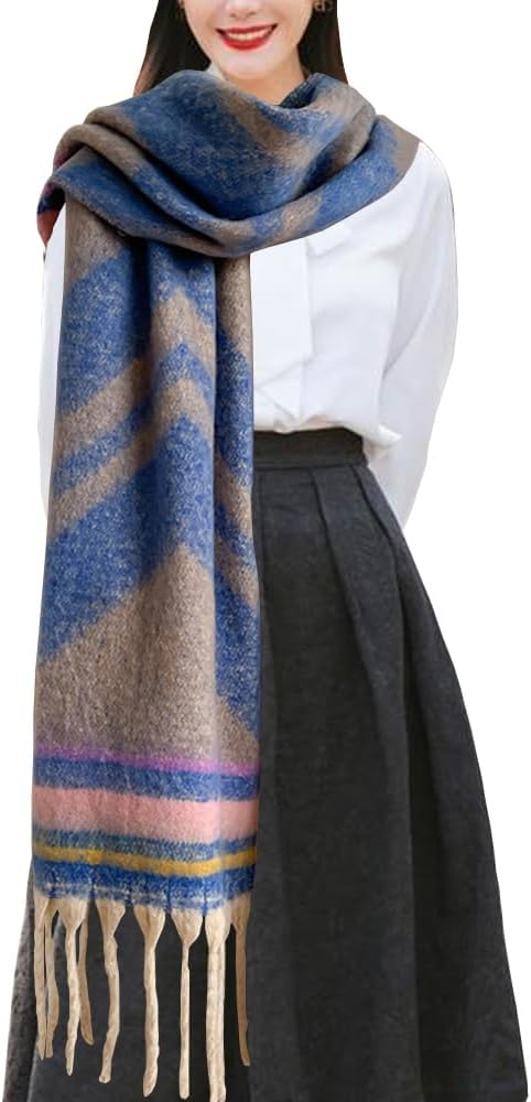 Women’s Large Chunky Plaid Scarf Coloured Checked Oversized Scarf Tassel Soft Fall Winter Thick Warm Shawl