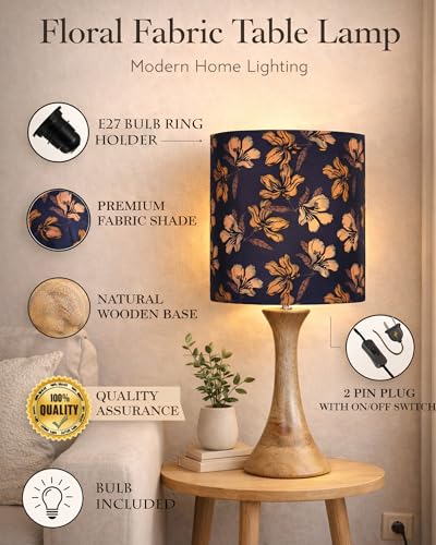 Image of Homesake Rustic Wood Table Lamp Bedside Wooden Desk Lamps for Living Bedroom Study Night, Kids Room, House Warming Festival Gift, Iris Black Shade