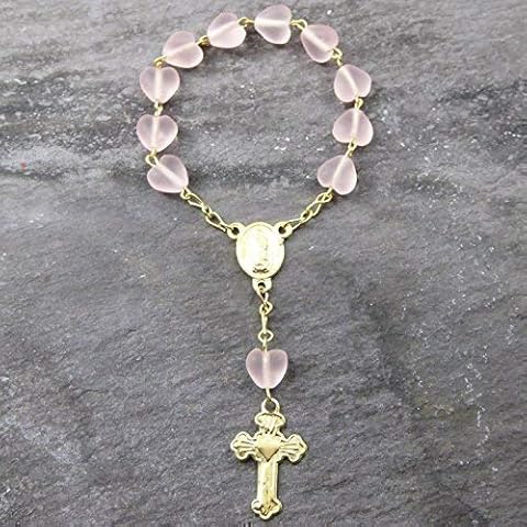 R Heaven 1 Decade pocket rosary beads - pastel pink matte heart glass beads - 6mm Cover