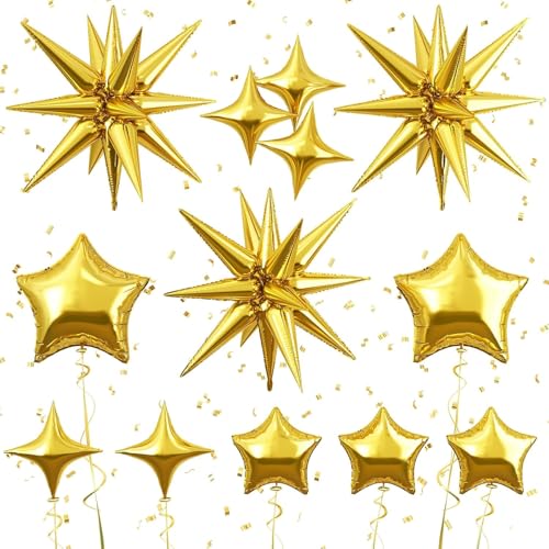 Image of 13 pcs 22Inch Star Ballons, 4D Large Foil Balloons with Metallic Star for 70s Disco Dance Birthday Graduation New Year (Golden Stars Mix 13pcs)