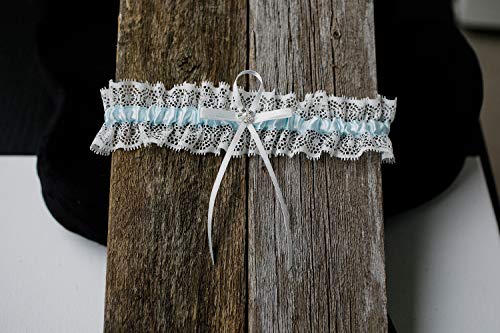 Blue with white Lace trim Wedding Bridal Garter with Rhinestone Satin Bow for Brides3