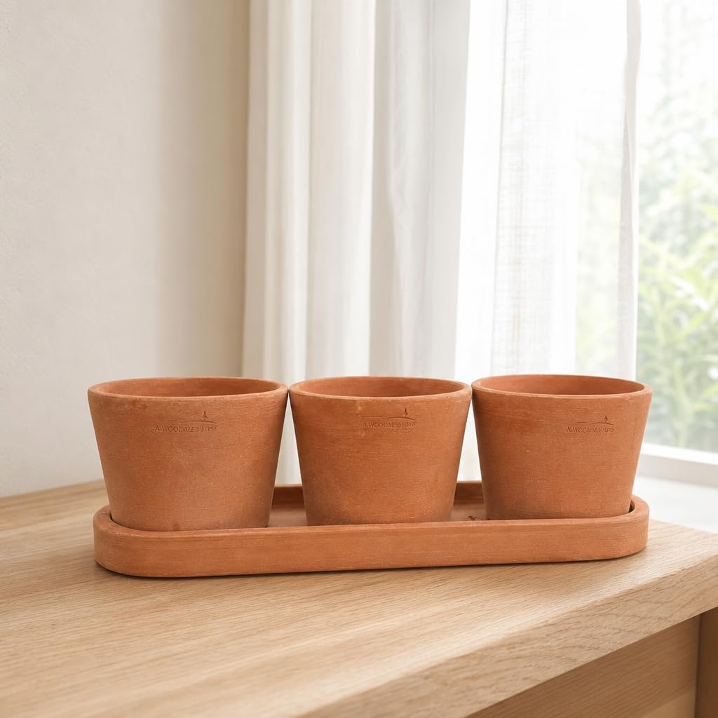 Palatina Werkstatt Kräutertopf Trio Terracotta mit Tablett 48x16x13 cm – 3 Kräutertöpfe Ø15 cm für Küche, Balkon & Garten, Pflanztopf Set für frische Kräuter innen und außen