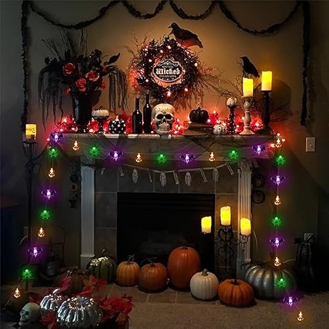 Halloween Lights, 16 FT 30 LED Waterproof 3D Pumpkin Bat Spider Battery Operated String Lights with Timer, 8 Lighting Modes Fairy Lights for Window Indoor Outdoor Decor Halloween Party Decorations